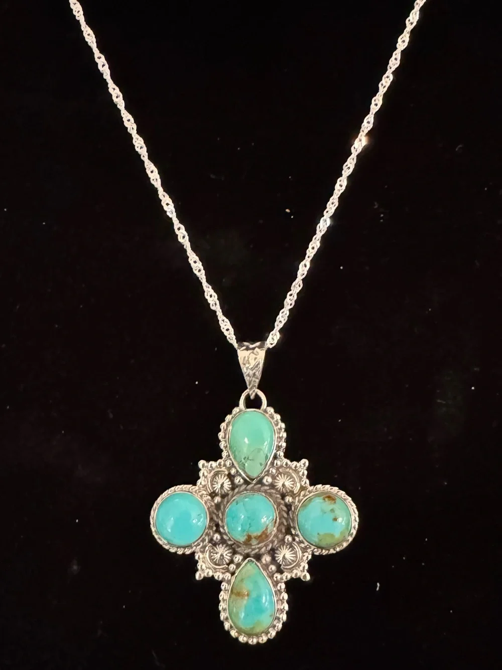 Beautiful Kingman Turquoise Stone Cross Pendant Necklace sterling‎ silver